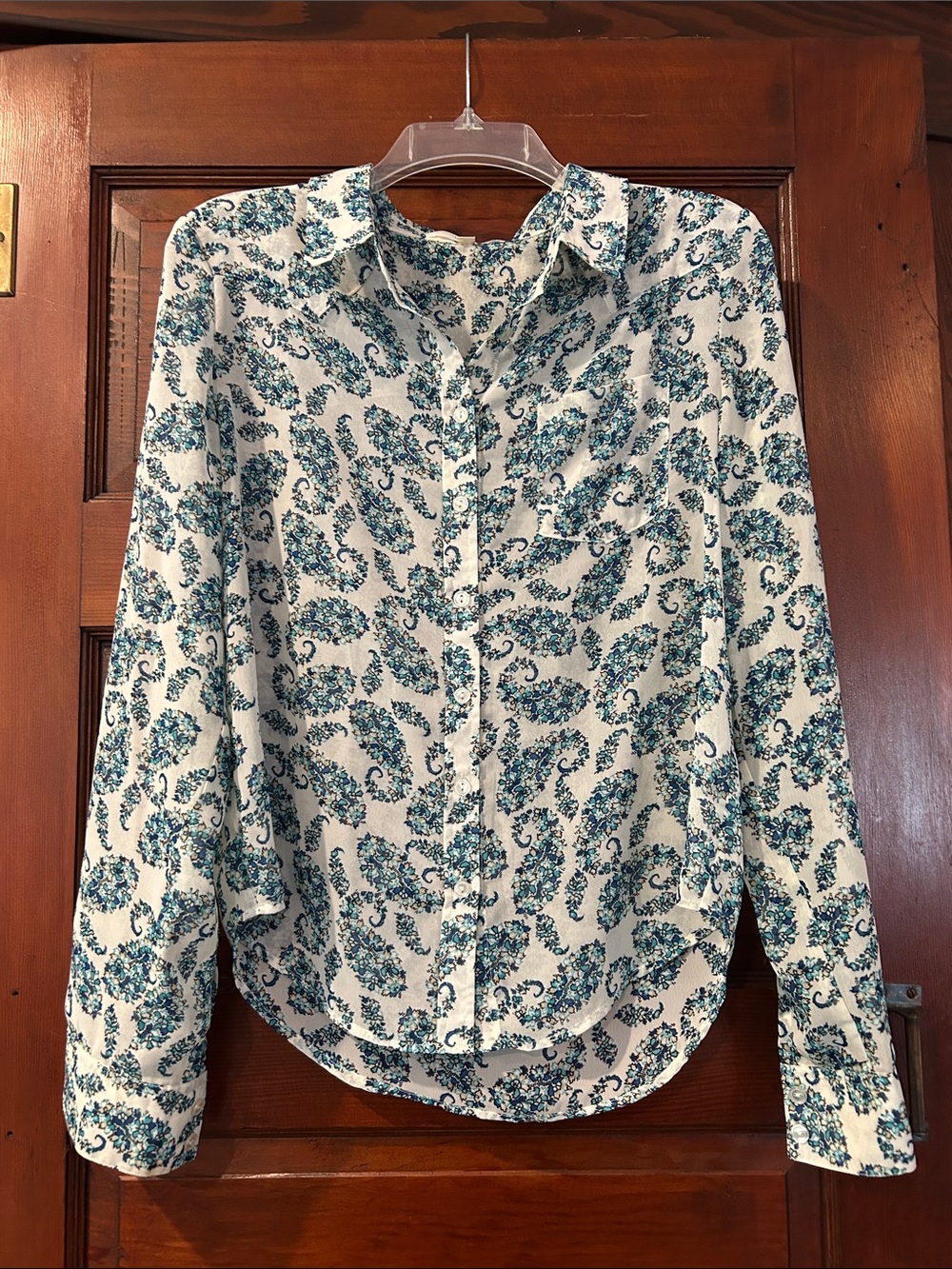 Love Tree Button Down Blouse Shirt with Blue Teal Paisley Print L